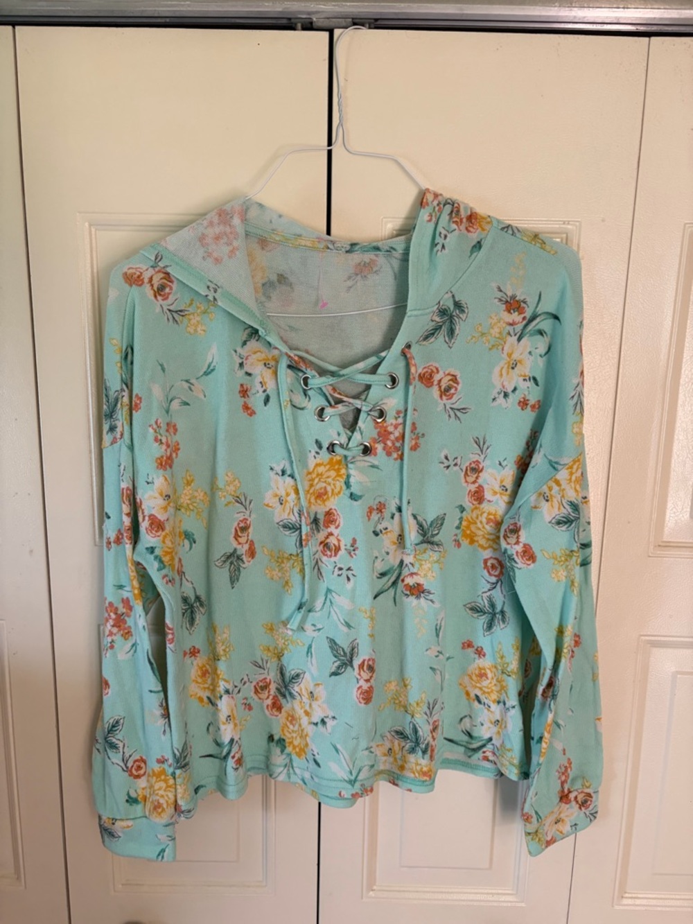 Laceup Top Sring Floral Cottagecore Pastel Whimsical Hooded Lightweight Sz L-XL